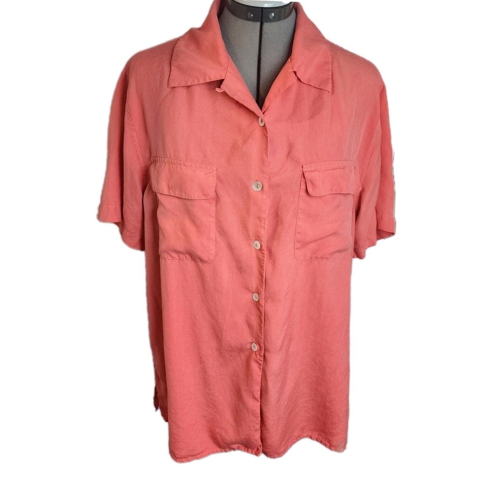 Anneโ Carson XL Coral Silk Short Sleeve Button Down Shirt Top Pockets
